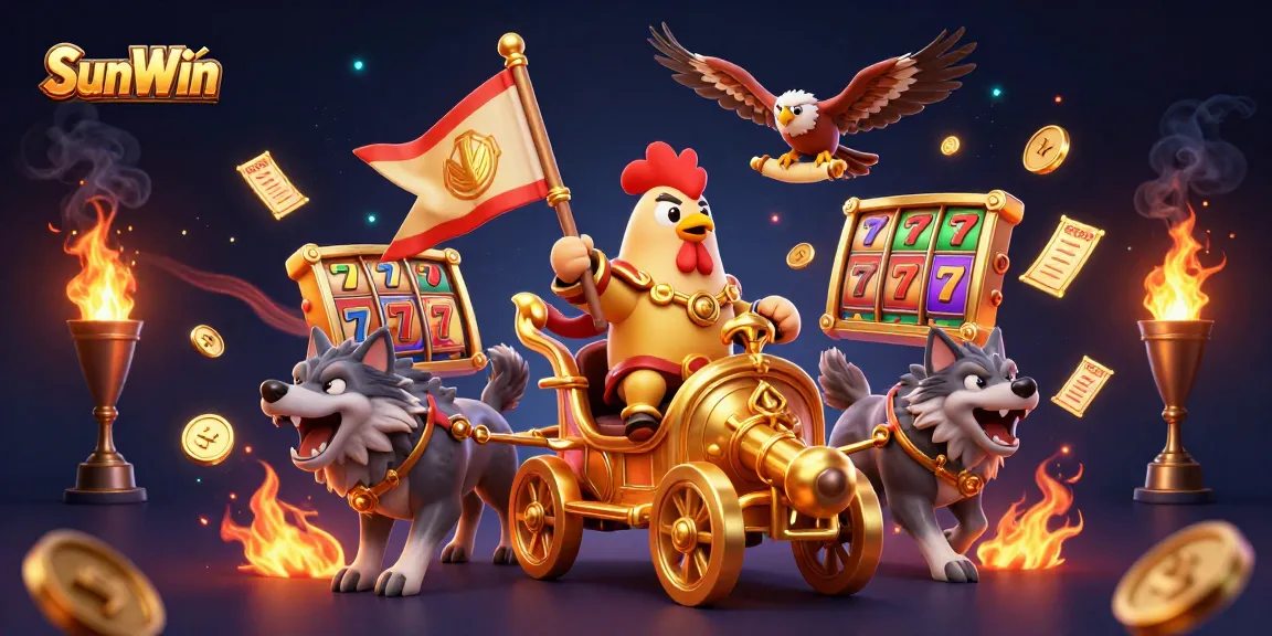 Engage in thrilling gameplay at SunWin with a 3D warlord chariot ride amidst vibrant casino elements.
