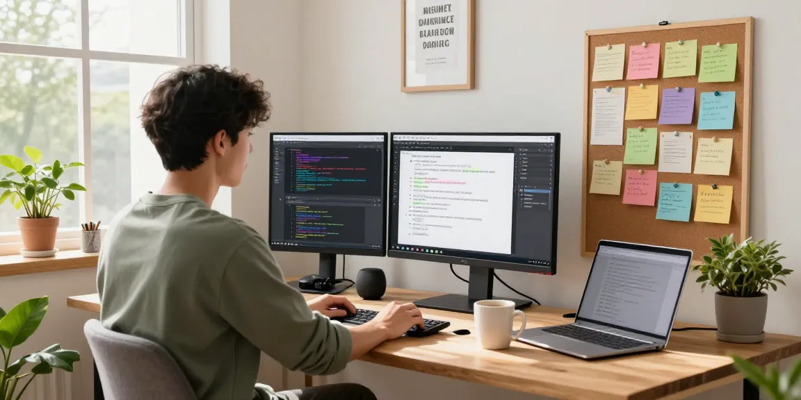 A content creator using AI writing tools in a modern home office, showcasing productivity and creativity.