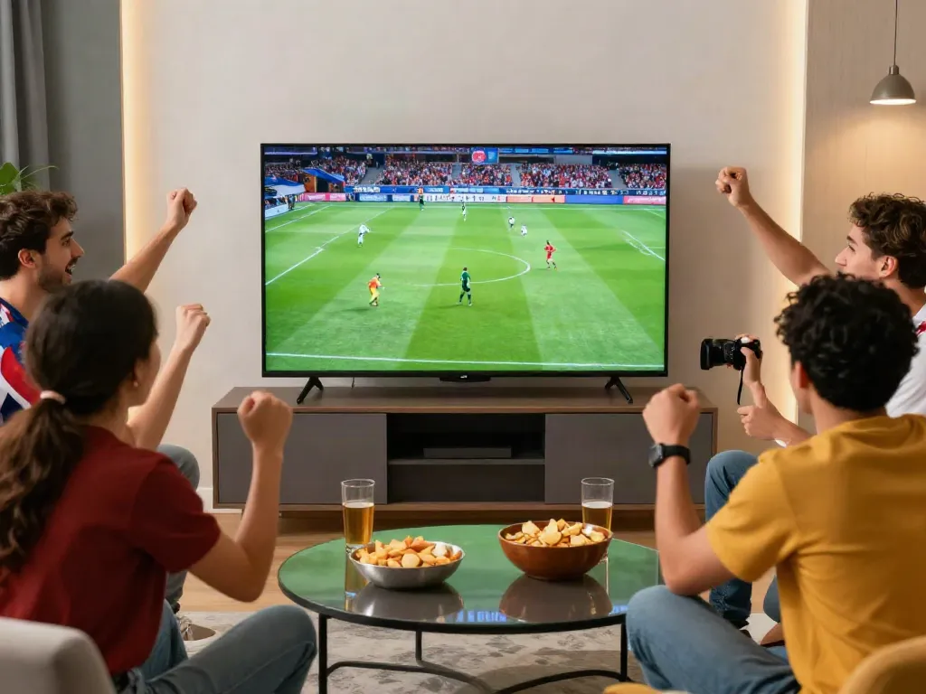 Friends enjoying a live football match on cakhiatv.team in a vibrant living room.