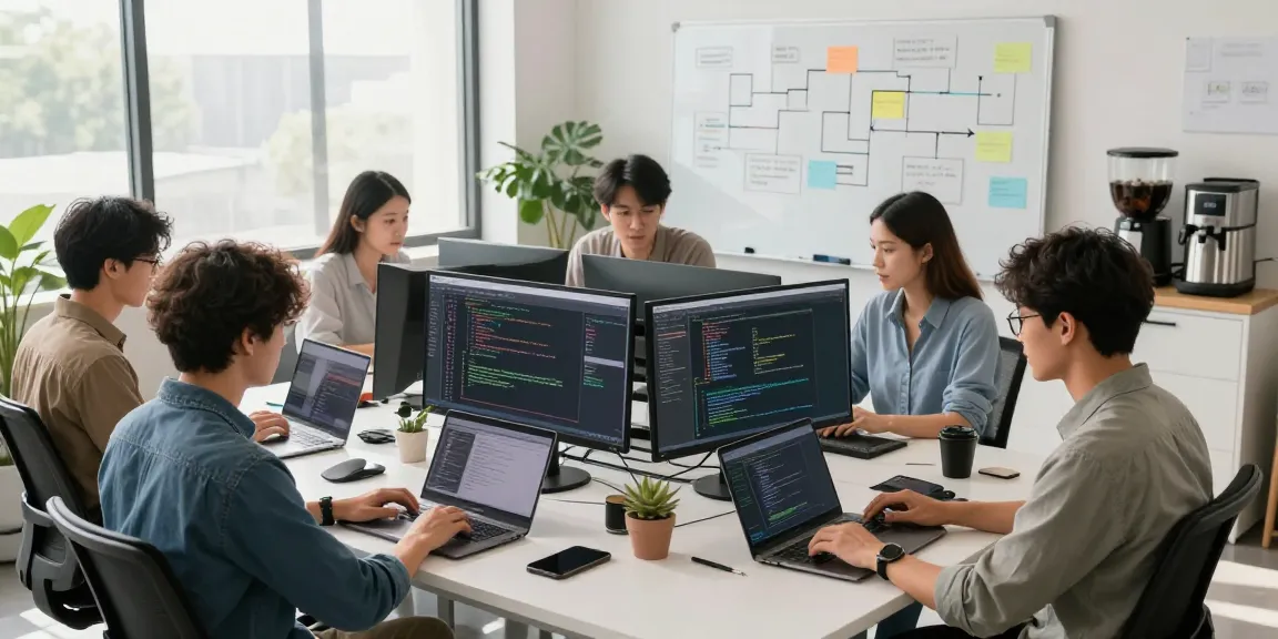 A collaborative software development team working at the WPS Official Website workspace, showcasing teamwork and innovative coding practices.