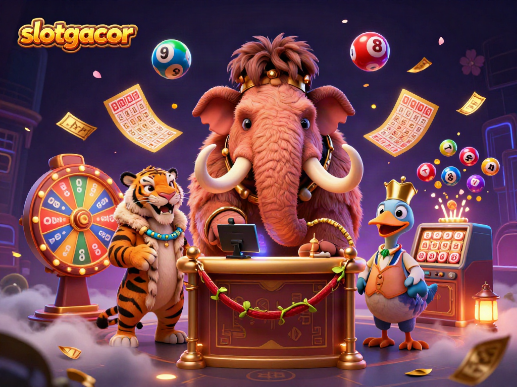 Experience winning thrills with slotgacor as the mammoth bouncer checks IDs in a vibrant casino scene.