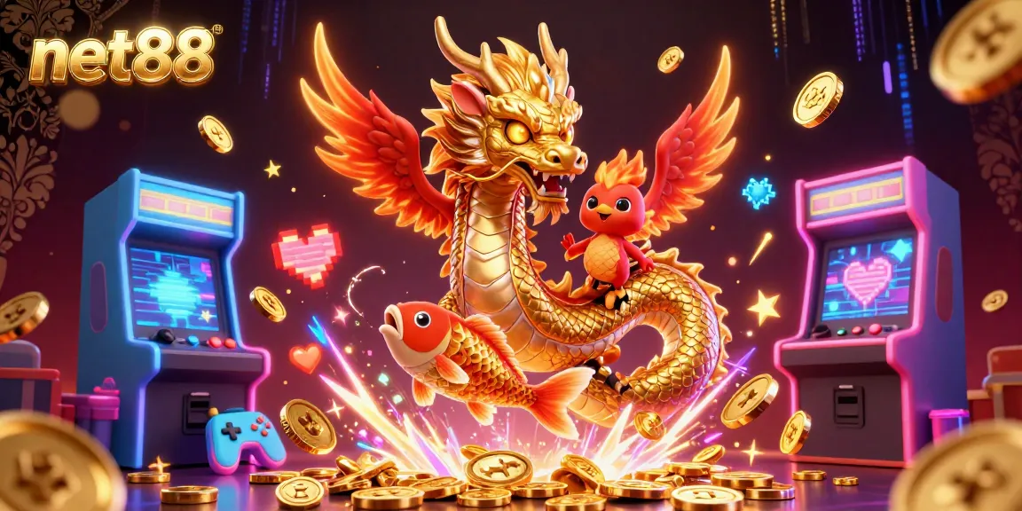 Spin slots and win with net88's vibrant casino-themed fantasy illustration featuring dragons and gold.