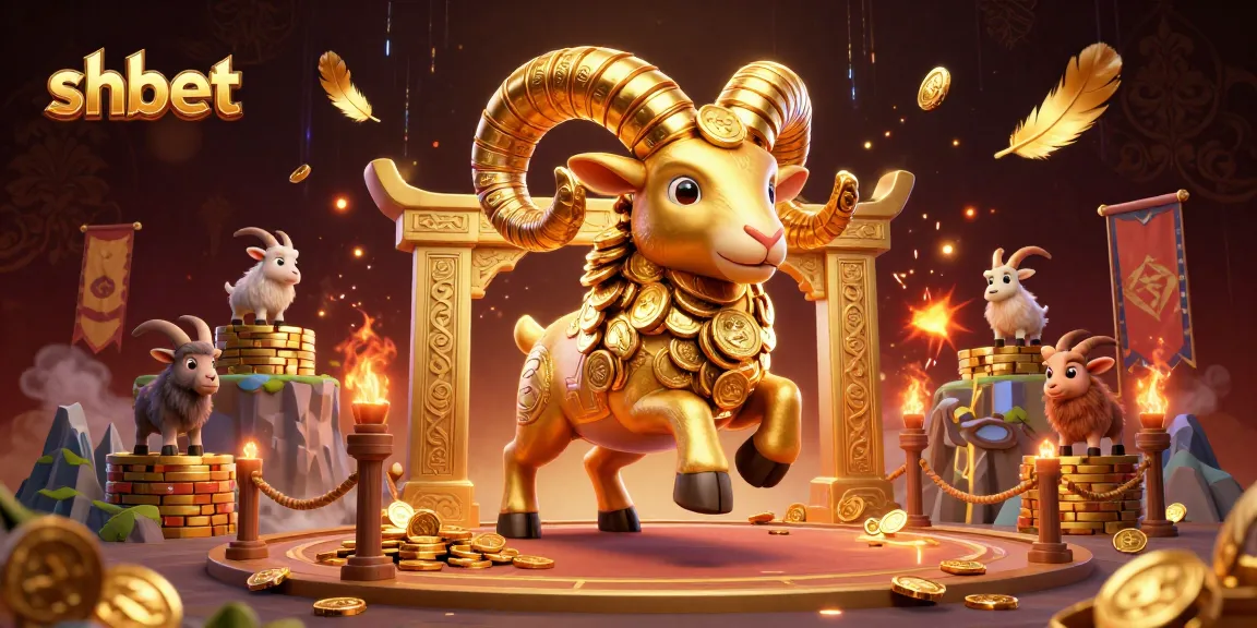 Experience the excitement of shbet with a golden ram charging at a casino gate amidst golden coins and gaming elements.