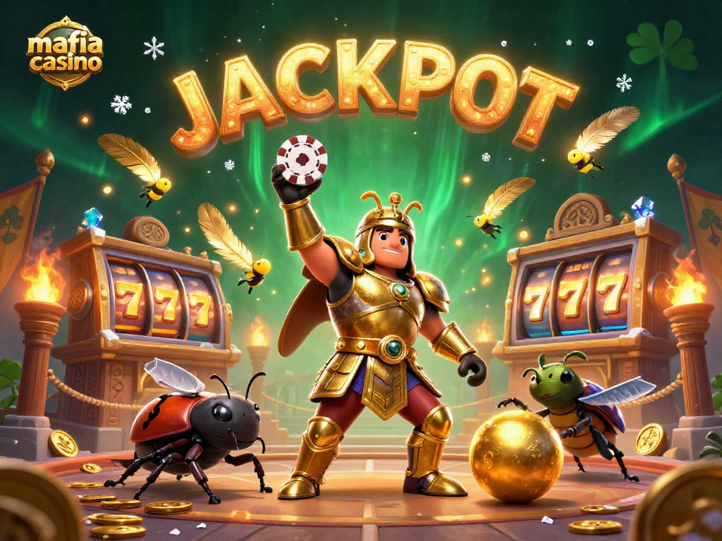 Experience the thrill of mafia casino with animated characters lifting chips and celebrating in a vibrant setting.