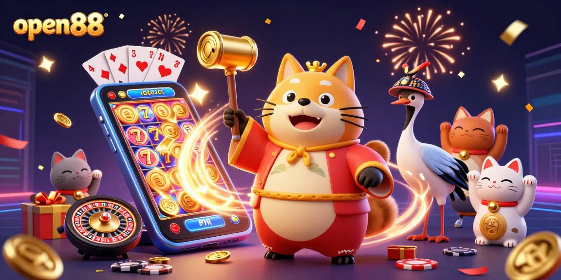 Experience open88's vibrant casino adventure with 3D characters, exciting games, and festive elements.