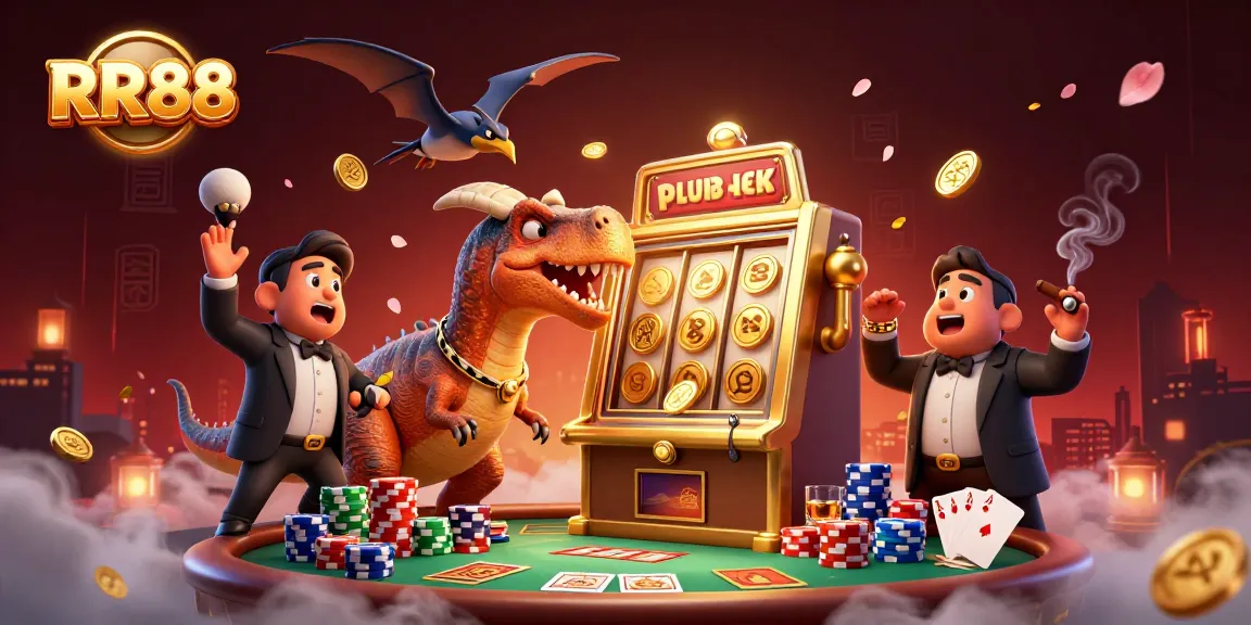 RR88 offers a vibrant scene of a dinosaur-themed casino event where winning actions unfold and excitement is palpable.