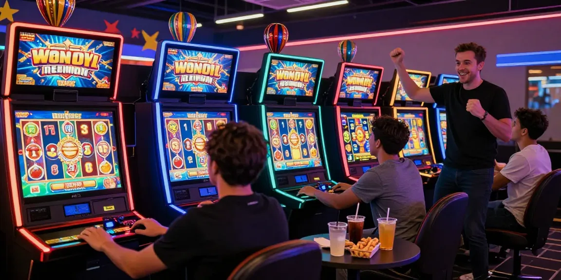 Atmosfer permainan rajaslot88 dengan pemain yang antusias dan mesin slot berwarna-warni.