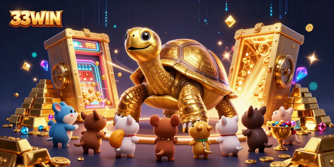 Engage with 33WIN's colossal golden tortoise pinball machine in this vibrant casino scene.