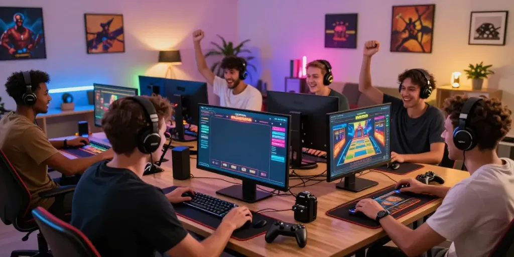 Dynamic online gaming scene at https://ee88a.exposed/ with players engaging in live casino games, showcasing vibrant game graphics and modern equipment.