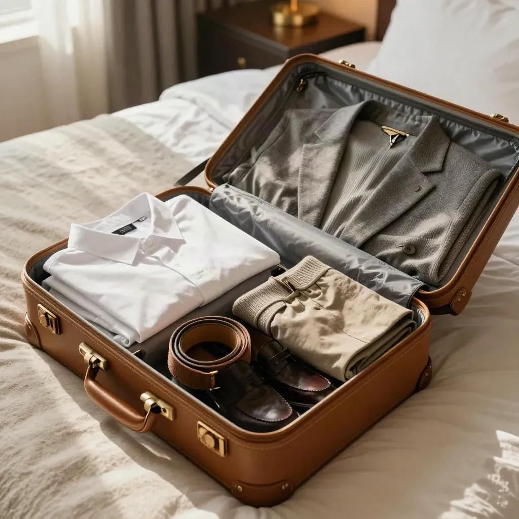 Valigia aperta su letto d’hotel con capsule wardrobe ordinata, luce morbida del mattino.