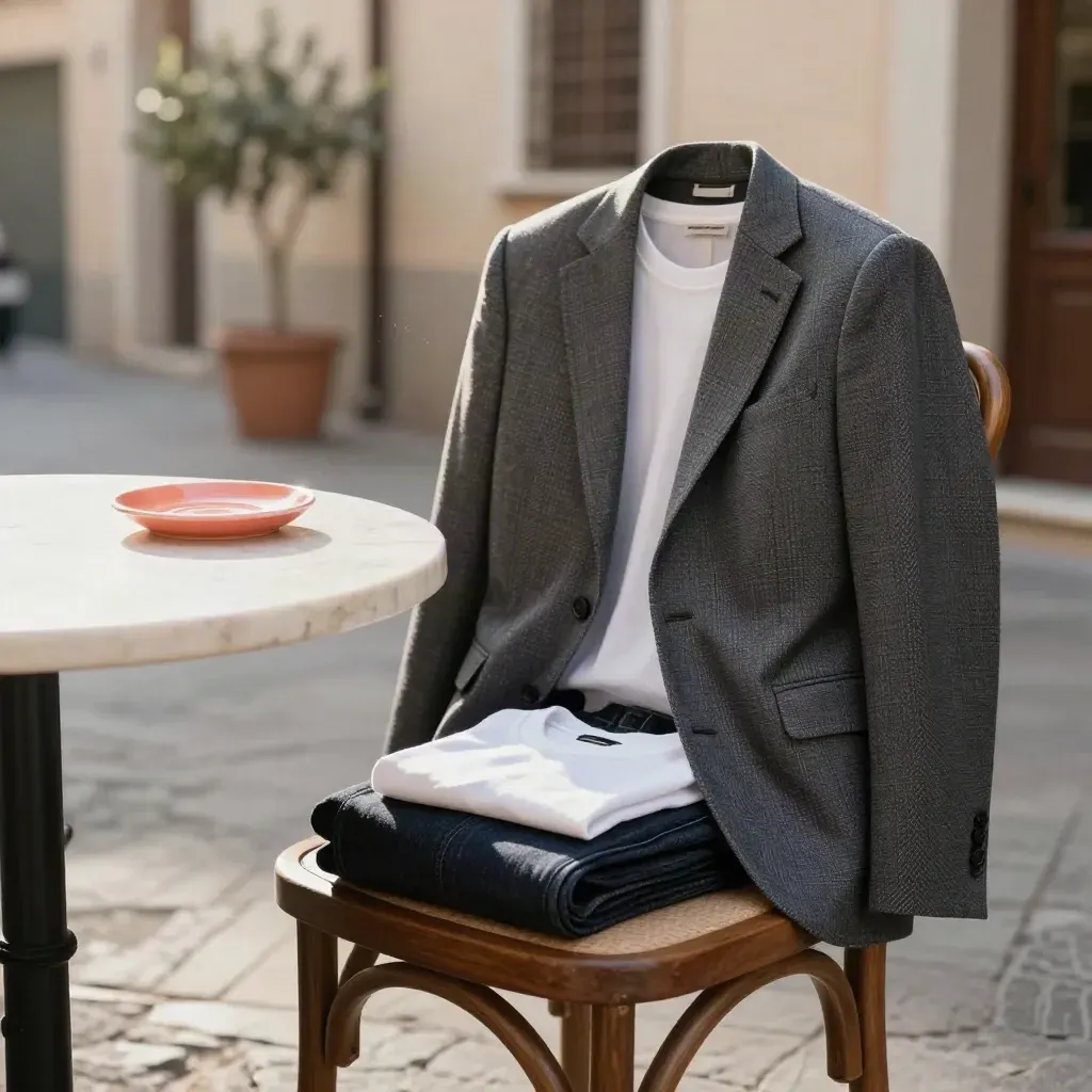 Blazer, jeans e t-shirt su una sedia da bistrot, con luce radente e cortile sfocato.