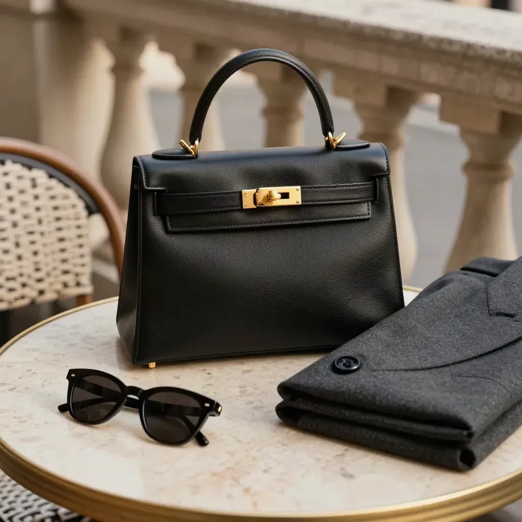 Mini bag nera con chiusura dorata, giacca piegata e occhiali su tavolino in terrazza.