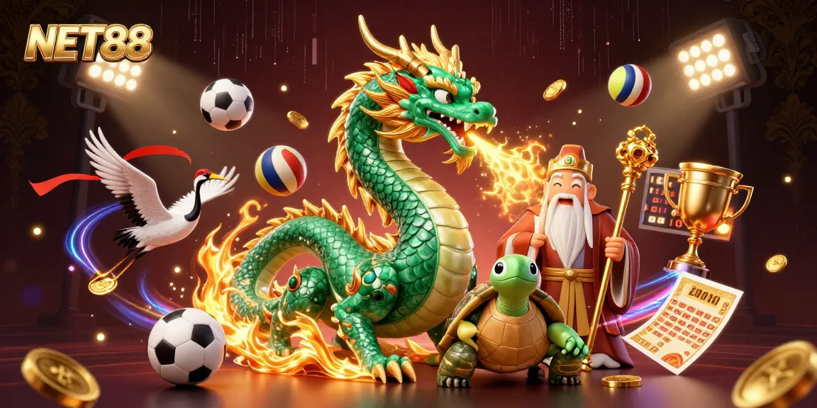 Experience the thrilling NET88 betting scene with an emerald dragon and sports elements.