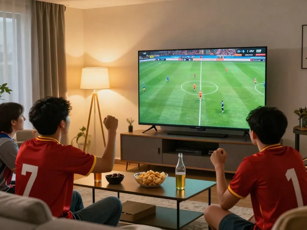 Football fans enjoying a match on gà vàngtv in a cozy living room.