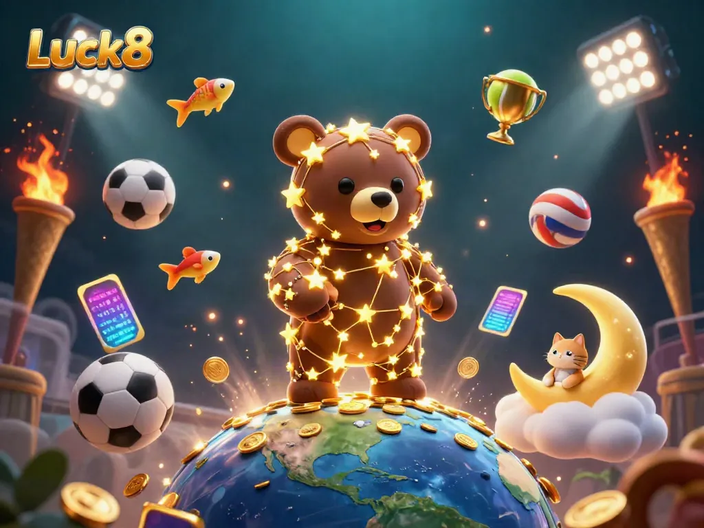 Experience winning moments with Luck8 in a dynamic casino-themed 3D scene.