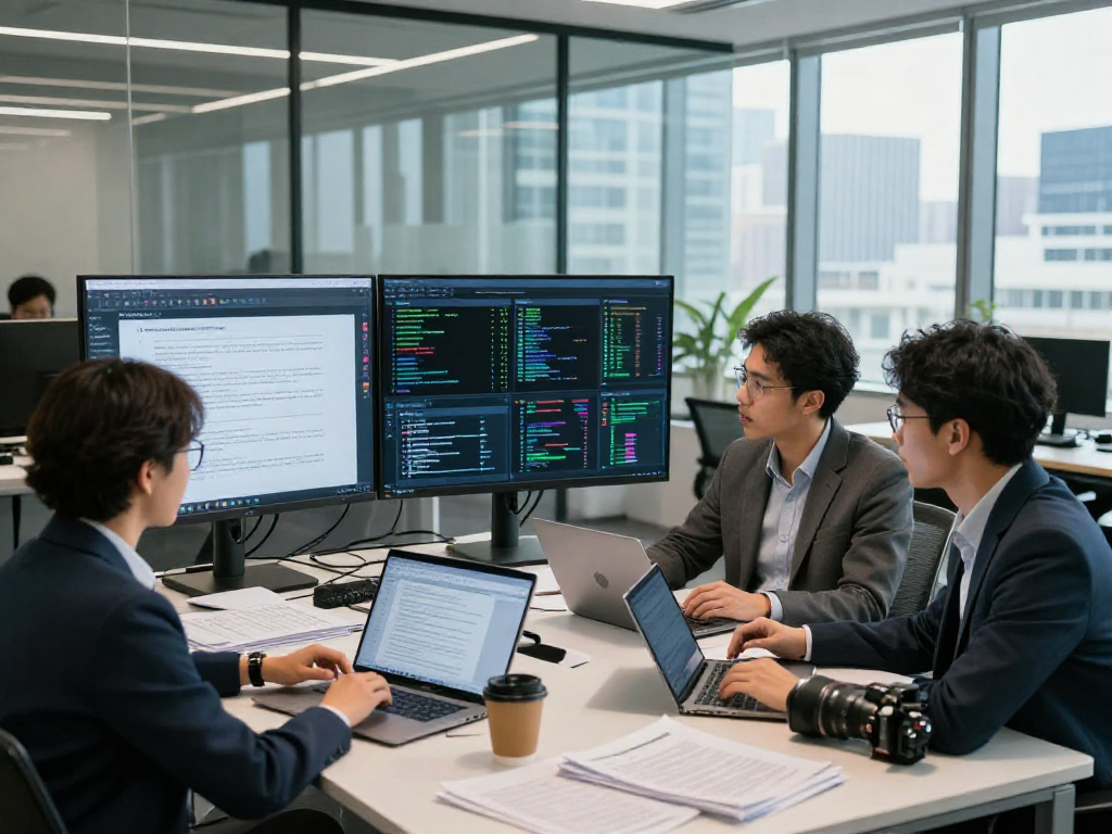 Professionals examining document fraud detection analytics in a modern office, showcasing collaborative analysis and advanced technology.