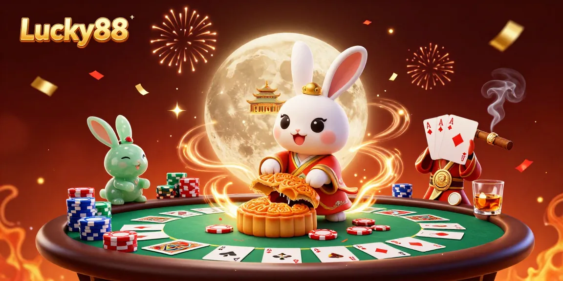Experience exciting poker gaming with Lucky88 featuring a moon rabbit and poker chips.