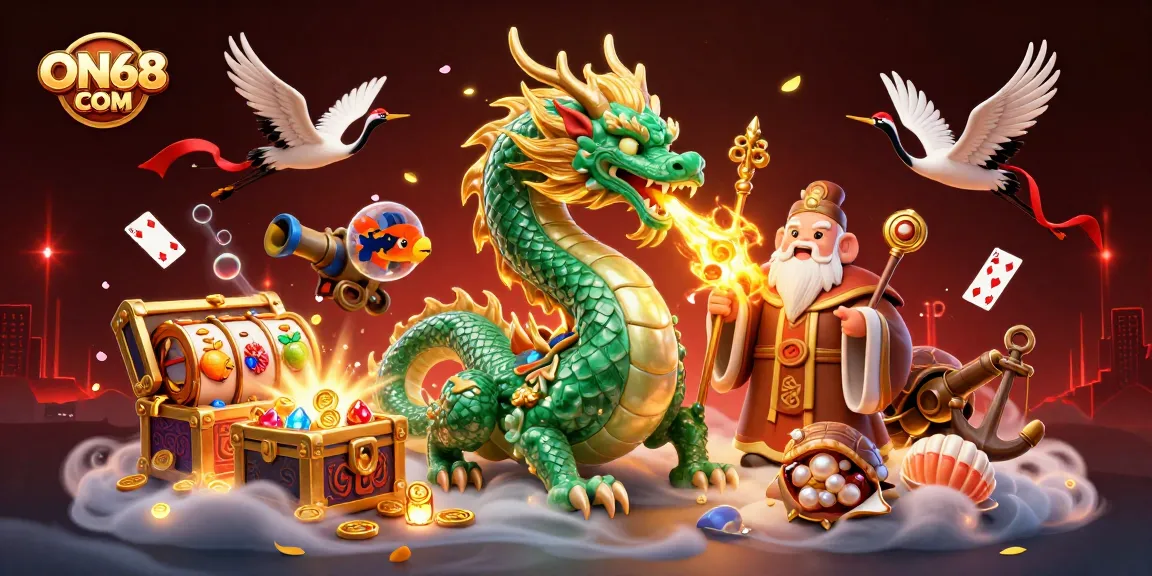 Engage in exciting games at ON68 COM with a vibrant 3D illustration of a dragon, turtle sage, and lucky cranes.