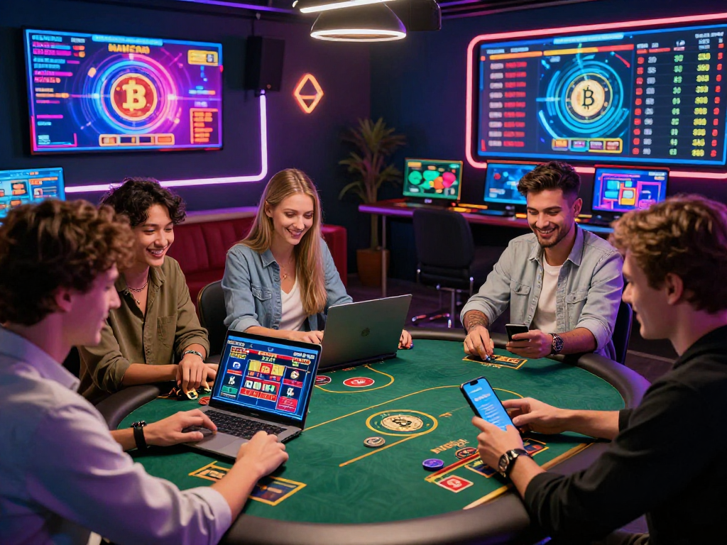 Crypto casino environment with players enjoying games on digital devices, vibrant atmosphere.