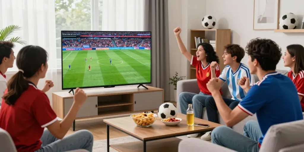 Group of friends enjoying football on cakhiatvvn.jpn.com in vibrant living room