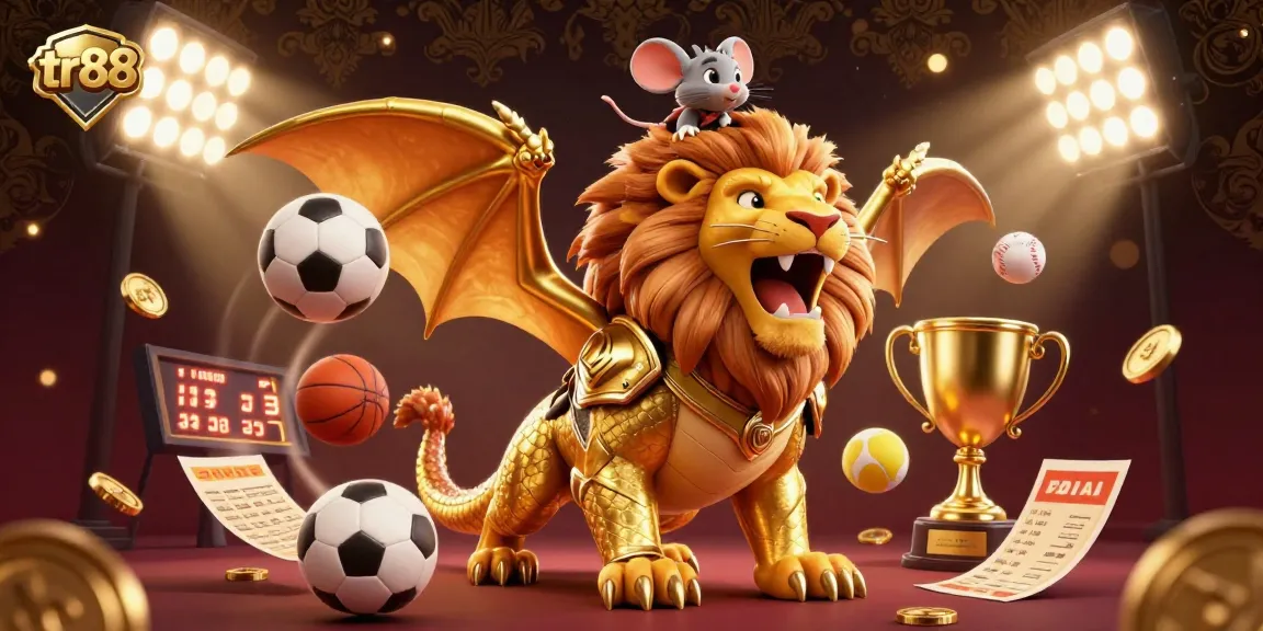 Experience the excitement of tr88 with a dynamic 3D casino scene featuring a roaring chimera and vibrant sports elements.