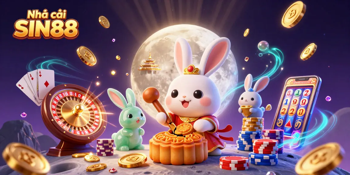 Experience epic gameplay at Nhà cái SIN88 with a moon rabbit illustration showcasing golden coins and poker chips.