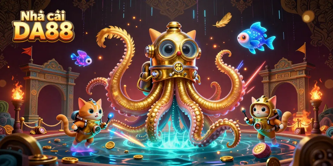 Engage with Nhà cái DA88's thrilling gaming experience amid a vivid underwater scene featuring a kraken and diving cat.