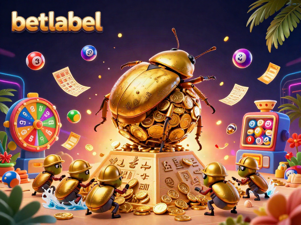 Betlabel showcases golden beetles in a casino-themed scene with vibrant game elements.
