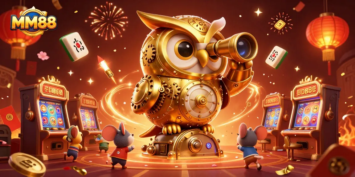 Experience thrilling MM88 gaming in a vibrant 3D scene featuring a clockwork owl and lucky symbols.