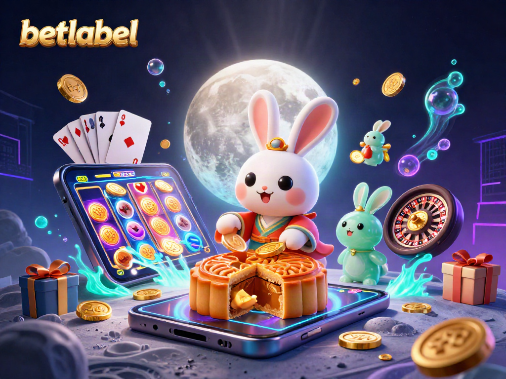 Betlabel features a lively scene with moon rabbits, poker chips, and a vibrant gaming landscape