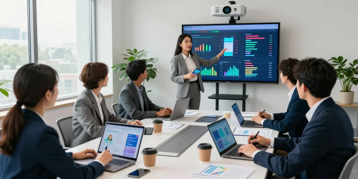 Team collaborating on business mobile deals UK in a modern office, showcasing digital presentations and diverse engagement.