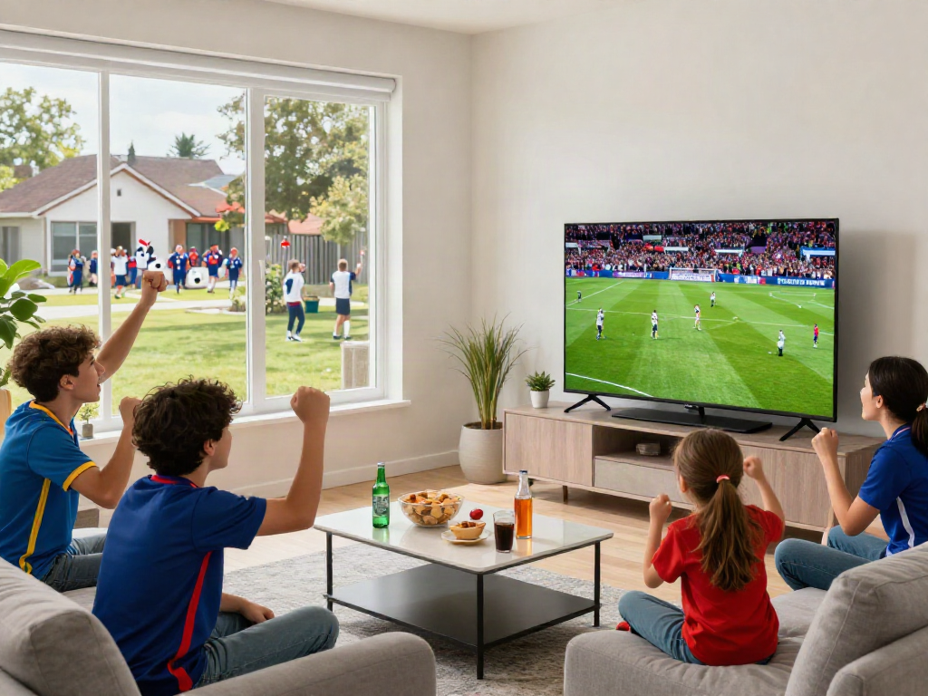 Fans enjoying soccer match streaming on socolivekz.uk in a lively living room.