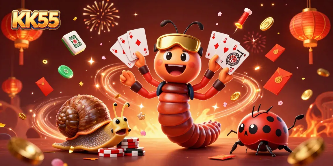Engage with the thrilling gaming experience at KK55, featuring a jubilant millipede dealer and high-rolling snail surrounded by festive elements.