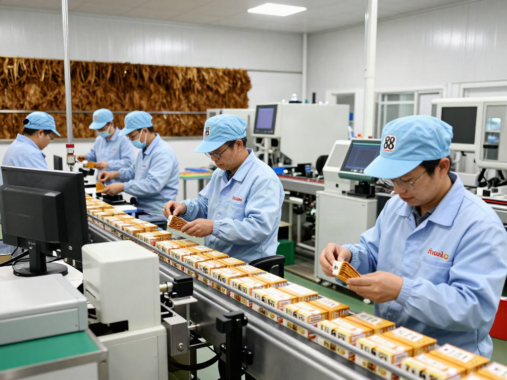 Production line of rokok 88 cigarettes being inspected by workers in a modern factory setting.