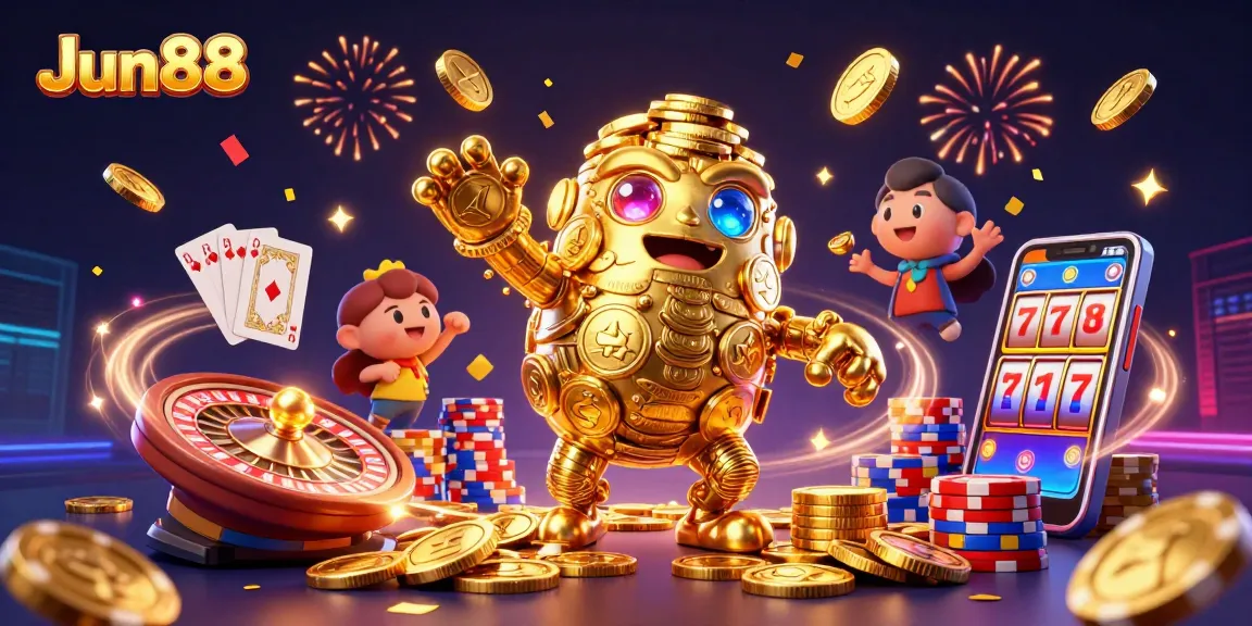Experience thrills with Jun88 and its vibrant casino elements, featuring a golden golem in action.