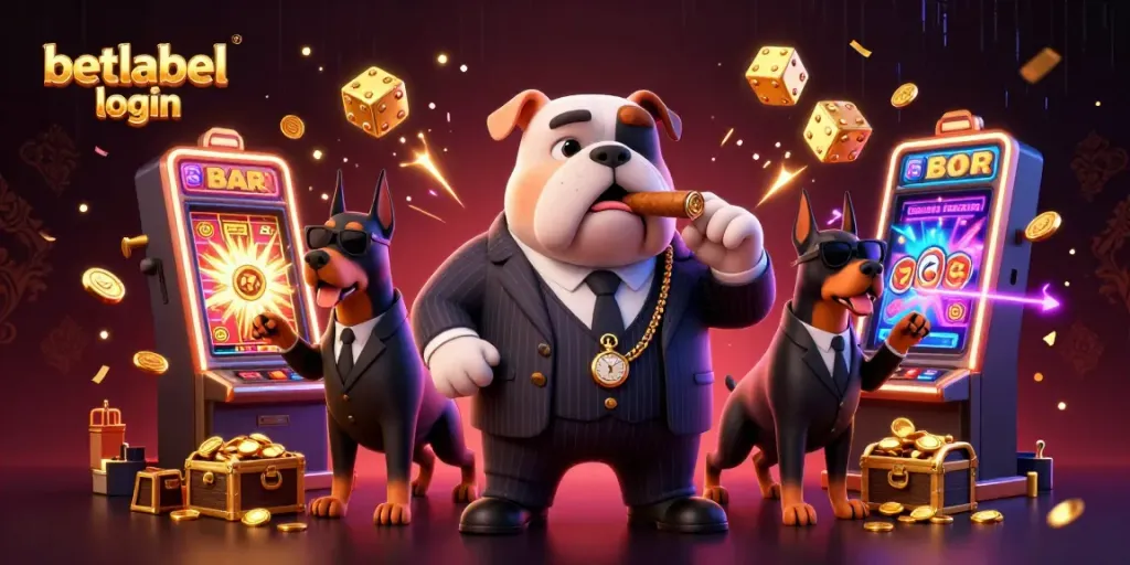 Betlabel login scene with 3D mafia bulldog and dynamic casino game elements.
