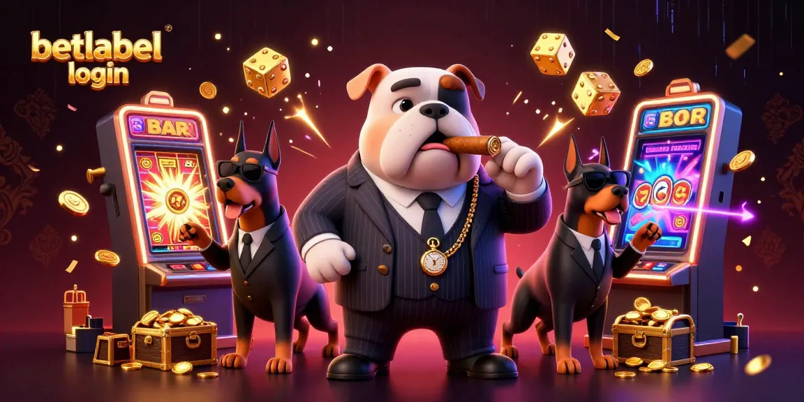 Betlabel login scene with 3D mafia bulldog and dynamic casino game elements.