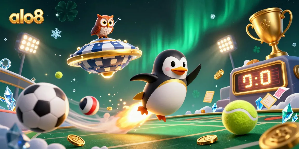 Engaging portrayal of the alo8 brand with a rocket-powered penguin and vibrant casino elements in space.