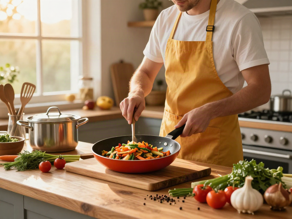 Fry pan price in bangladesh showcased in a warm kitchen scene with fresh ingredients and cooking tools.