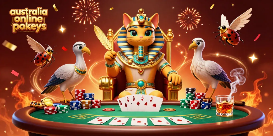 A dynamic 3D illustration showcasing australia online pokies with a pharaoh cat on a throne, poker elements richly illustrated.