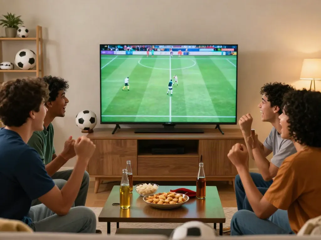 Friends enjoying a live football match at home while watching gavangtv.life.