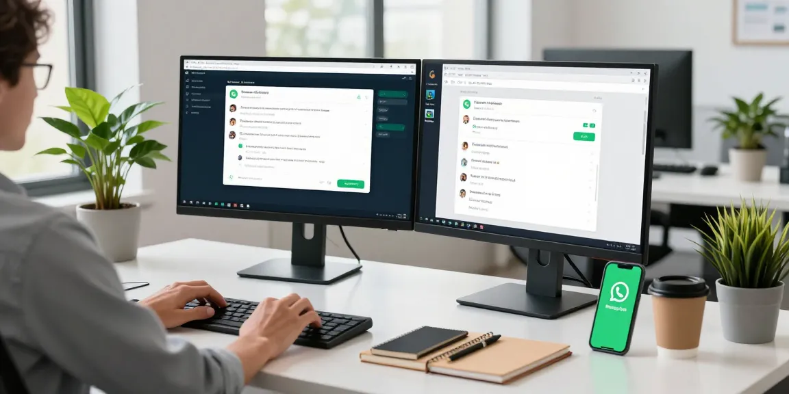 Using WhatsApp電腦版 on desktop in a modern office workspace.