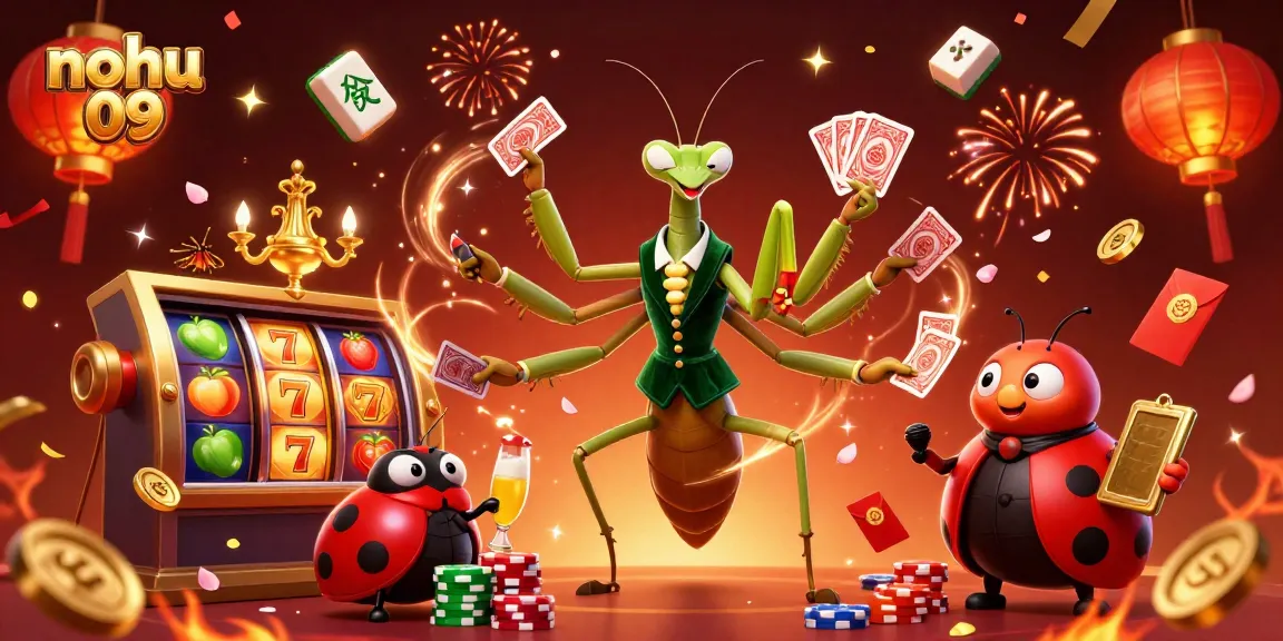 Engage with nohu 09 as a giant praying mantis card sharp shuffles cards and pours champagne with vibrant casino decorations.