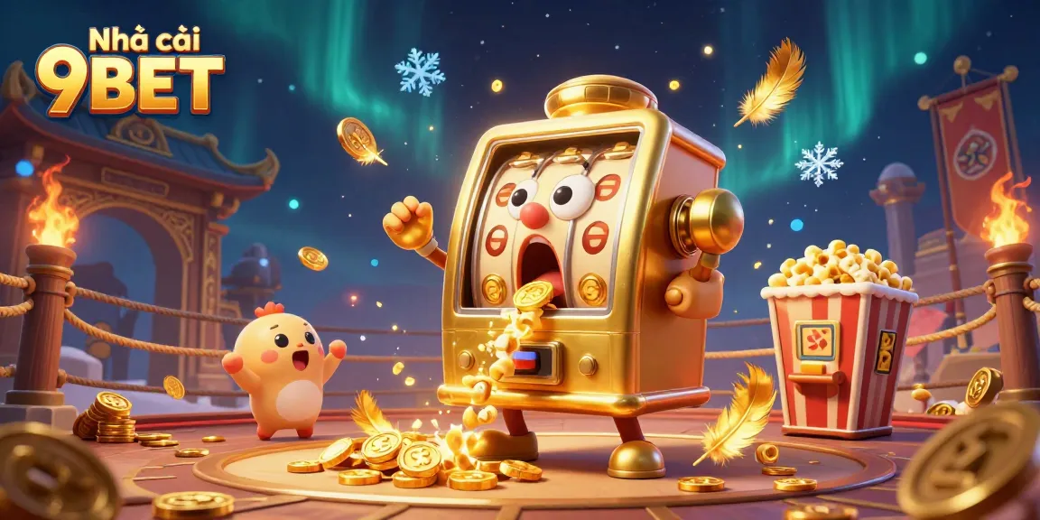 Witness exciting action at Nhà cái 9BET as the winning golden slot machine cheers while hitting jackpots in a dynamic casino scene.
