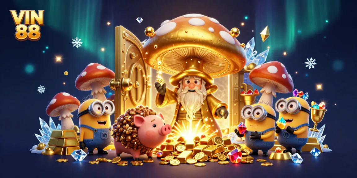 Engage in thrilling treasures at VIN 88 with a massive golden wizard, truffle pig, and gemstone minions.