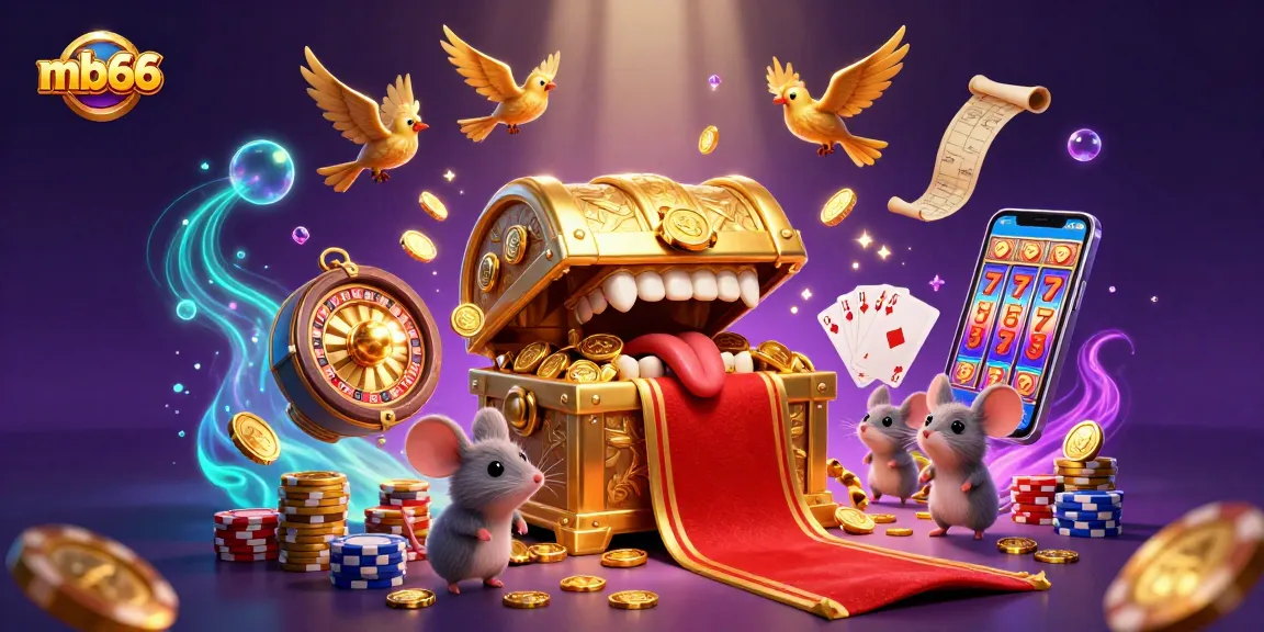 Engage with exciting games at mb66, featuring a dynamic casino scene with gold coins, roulette, and poker.