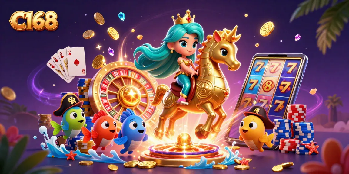 C168 players enjoy immersive gaming with a colorful mermaid scene featuring slots and roulette.