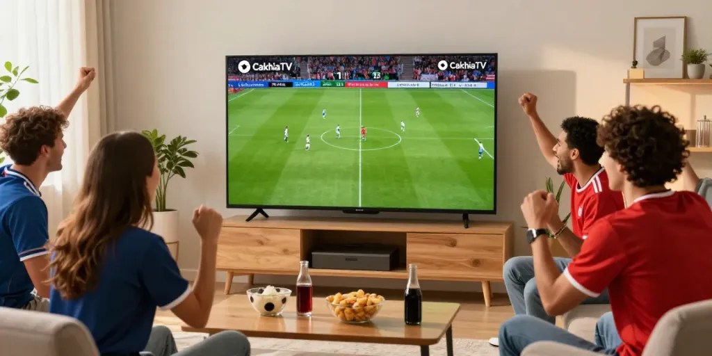 Friends enjoying a thrilling football match on CakhiaTV, showcasing high definition streaming and vibrant atmosphere.