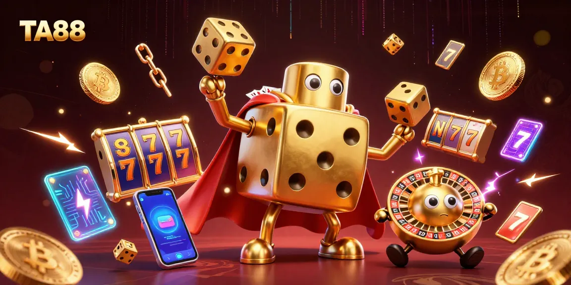 Engage with TA88 as a playful golden dice golem juggles winnings in a vibrant casino scene.