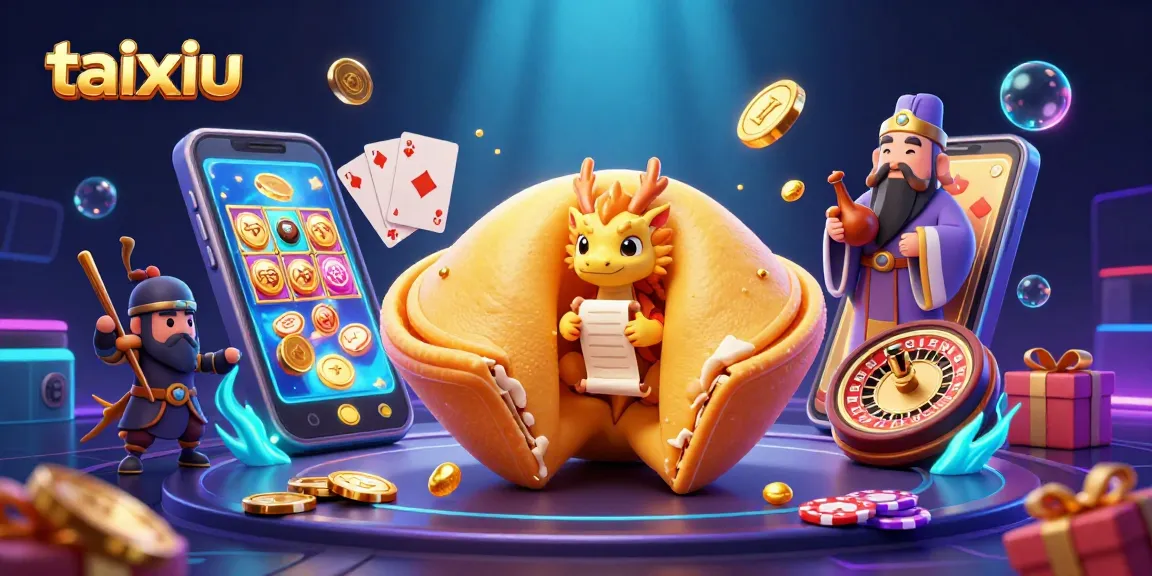 Bet on taixiu with a rich illustration showcasing a dynamic casino scene featuring a golden fortune cookie and gaming elements.